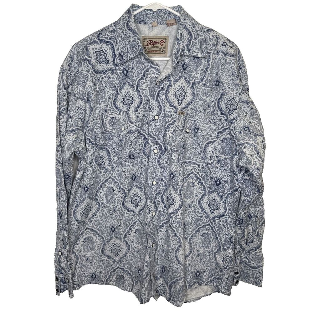 Rafter C Mens Size Large Long Sleeve Pearl Snap Shirt Paisley Retro Western Blue